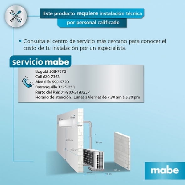 AIRE ACONDICIONADO SPLIT MABE MMI12CDBWCCC8 Capacidad: 12 000 BTU 220 V